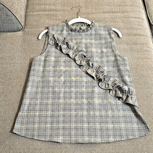 Zara Woman Plaid Blue Black Gray Career Top with Ruffle Accent Size Small
